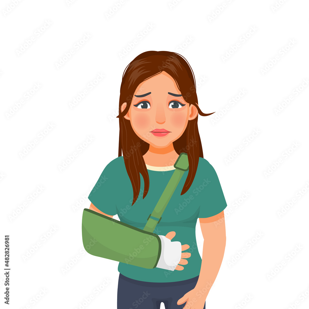 Sad young woman with broken arm suffering from hand injury wearing hand splint with an arm sling Sad young woman with broken arm suffering from hand injury wearing hand splint with an arm sling