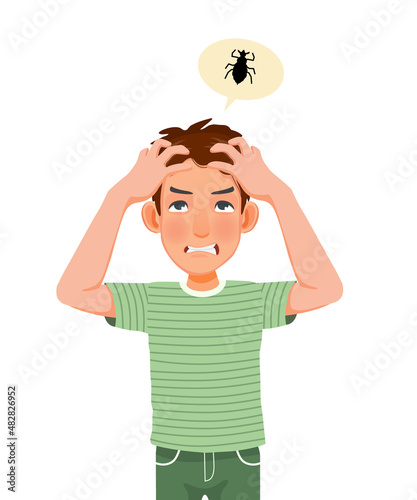 Upset young man scratching his itchy scalp having problem with dandruff dry head skin and lice in hair