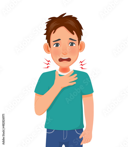 handsome young man touching his neck because having sore throat, dry and scratchy feeling in the throat as symptom of viral infection, cough, allergy, influenza, cold and fever  