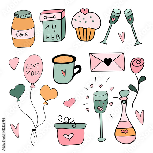 Color set of st valentines doodle illustration. Doodle elements for greeting cards, stickers and posters. Hand drawn doodle illustration. EPS 10.
