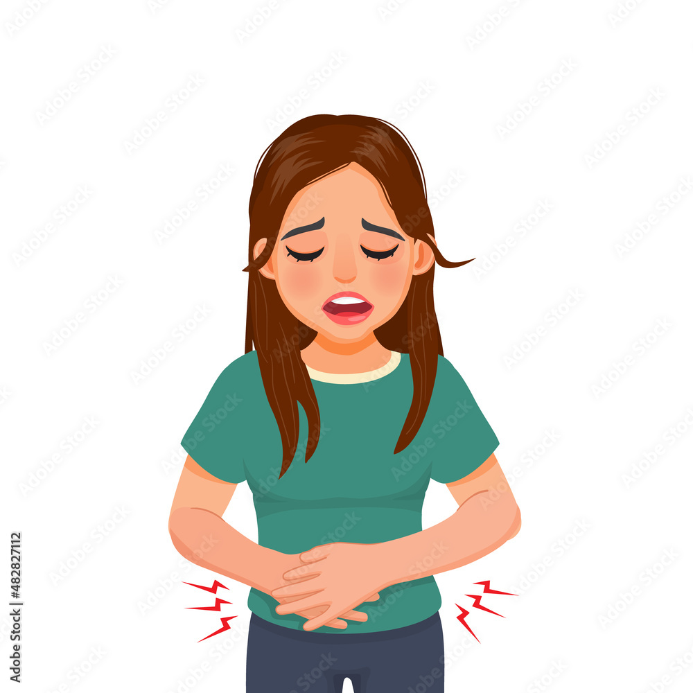 Young woman suffering from stomachache, diarrhea, indigestion problem, abdominal pain, food poisoning, nausea, gastritis or bloating.