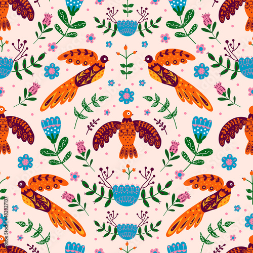 Vector seamless pattern with various birds  flowers and leaves with different folk ornaments. Composition in scandinavan style. Ethnic flat illustration with nordic detailed in trendy colors