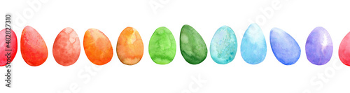 Seamless border colored Easter eggs. Hand drawn watercolor illustration on white background. Rainbow egg garland. photo