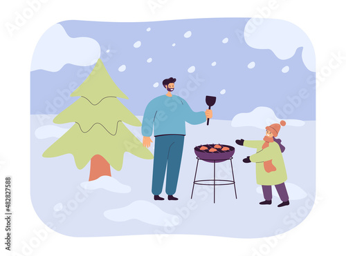 Cartoon father and daughter grilling food outside in winter. Man and girl having barbecue in snowy weather flat vector illustration. Family, winter holidays, outdoor activities concept for banner