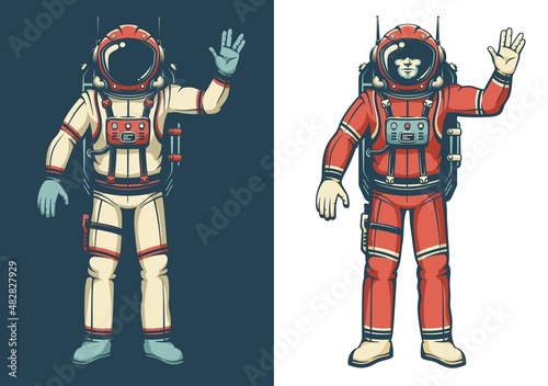 Canvas Print Astronaut in spacesuit waves his hand