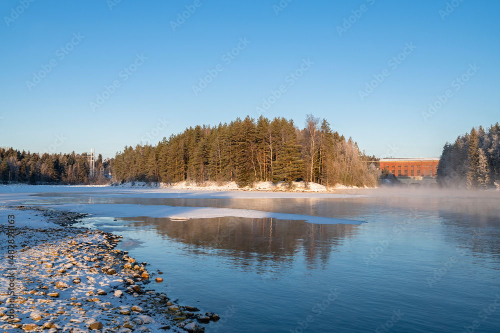 View of Vuoksi river and river banks in winter, Imatra, Finland