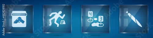 Set Evidence bag with gun, Crime scene, Marker of crime and Marijuana joint. Square glass panels. Vector
