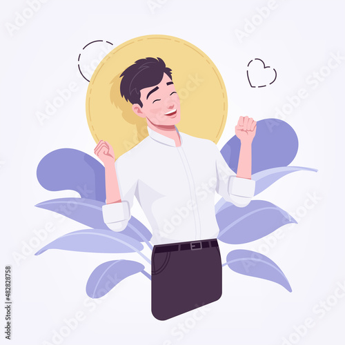 Office boy, young business assistant, businessman positive emotion. Smart male social media profile picture, business portrait. Vector flat style creative illustration, abstract art background