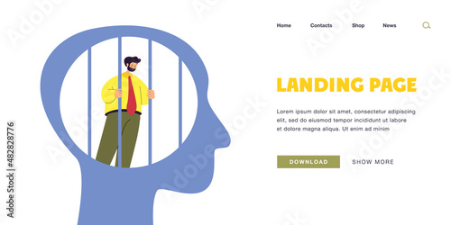 Prison of mind flat vector illustration. Abstract human head, struggling businessman imprisoned inside, human behind bars. Freedom of thoughts, slavery, depression, powerless spirit, obstacle concept