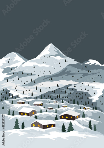 Snowy winter village in the mountains. Seasonal vector illustration of natural landscape with small homes and fir trees woodland.
