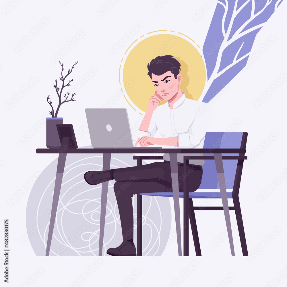 Office boy, young business assistant, businessman busy at desk. Smart male social media profile picture, business portrait. Vector flat style creative illustration, abstract art background