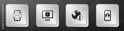 Set Mobile and envelope, Monitor with information, Information and Telephone 24 hours support icon. Silver square button. Vector