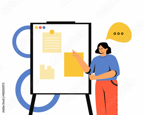 A female entrepreneur made a presentation to the staff. Summing up the results. Vector illustration