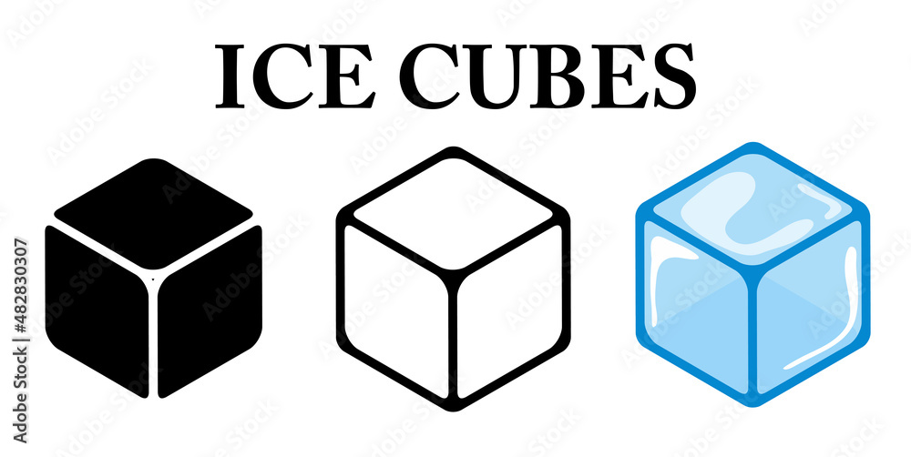 Ice cube icon collection. Cartoon silhouette and outline design. Simple Vector illustration isolated on white background.