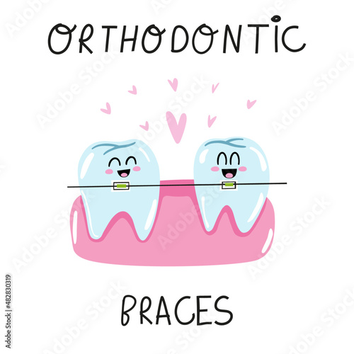 Funny teeth in orthodontic braces.