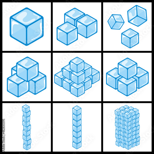 Ice cube icon set. Cartoon freeze blocks collection. Simple Vector illustration isolated on white background.