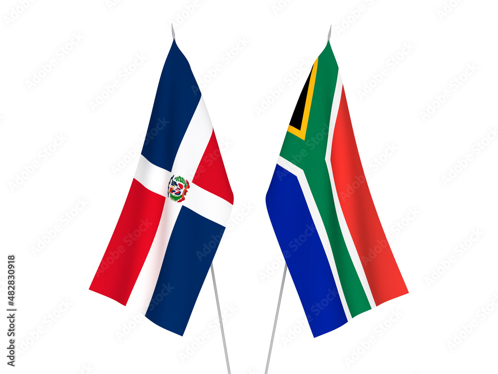 National fabric flags of Republic of South Africa and Dominican Republic isolated on white background. 3d rendering illustration.