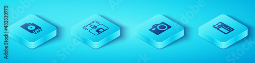 Set Isometric FLV file document, Gimbal stabilizer with camera, Cinema ticket and Photo icon. Vector