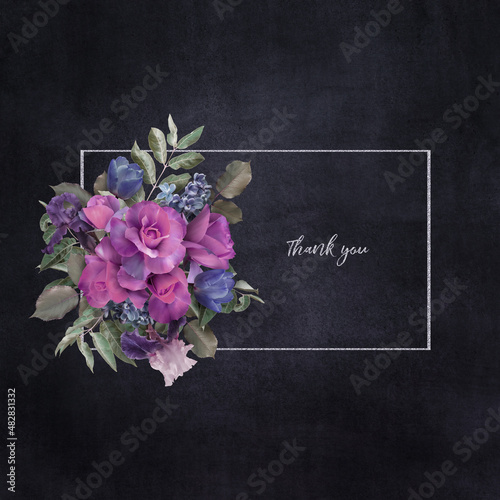 Floral card with copy space. Purple roses on dark textured grange background. Bouquet of garden flowers.
