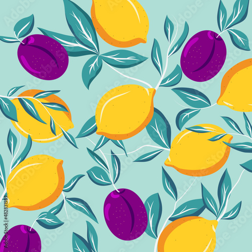 Pattern with plums and lemons on a green background. Vector Stock illustration. Plants and fruits. Food. Design for fabric and wallpaper. Flat style.