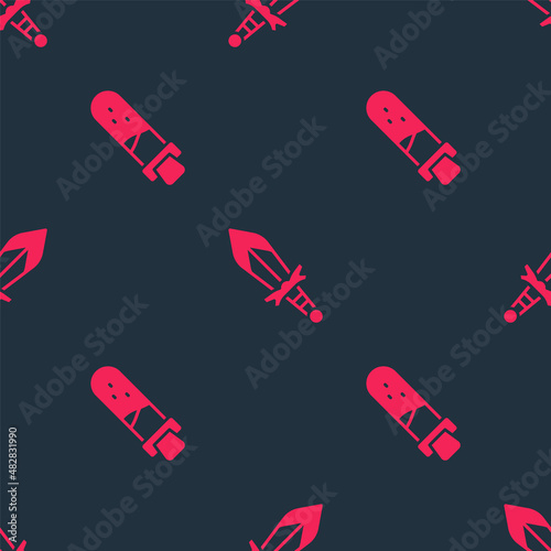 Set Bottle with potion and Medieval sword on seamless pattern. Vector