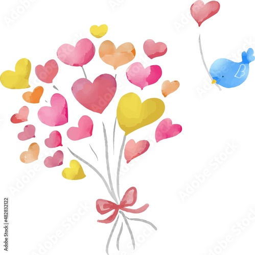 ハートの風船の束と小鳥  カラフル　ピンクと黄色 水彩風