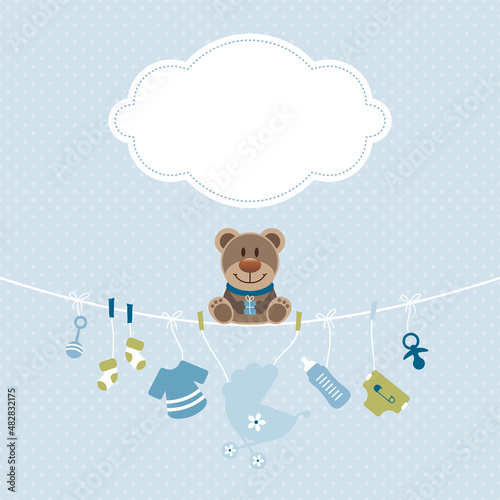 Teddy & Hängende Babyicons Junge Wolke Punkte Retroblau Olivgrün
