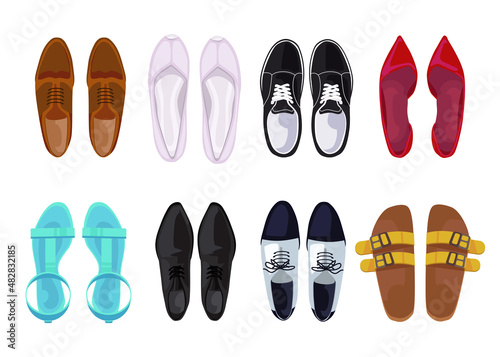 Top view of male and female shoes flat vector illustrations set. Collection of comfortable pairs of sports and business shoes, sneakers, red pumps on white background. Footwear, fashion concept