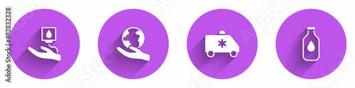 Set Blood donation, Hand holding Earth globe, Emergency car and Bottle of water icon with long shadow. Vector