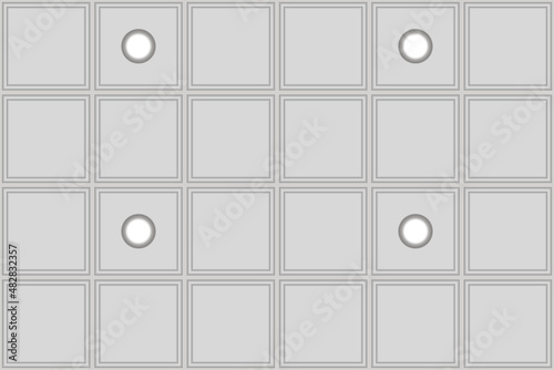 Suspended cassette plasterboard ceiling seamless pattern with built-in LED lamps. Armstrong false ceiling for office and home. Grid vector background. Contemporary interior design