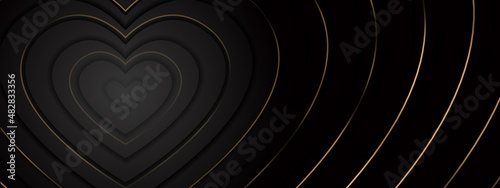3d rippled golden hearts with soft shadow on black BG from left. Abstract ele...