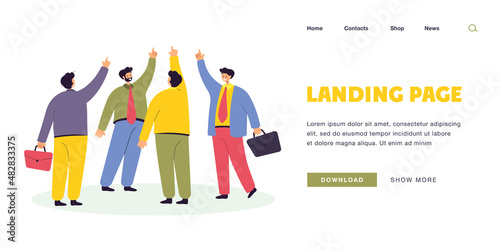 Team of people pointing fingers upward. Flat vector illustration. Business workers, partners posing together rearing hands up, achieving goals, striving for success. Teamwork, motivation concept