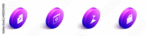 Set Isometric Note paper with push button, Browser setting, Mountains flag top and Paper shredder icon. Vector