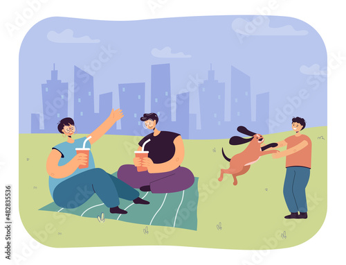 Happy mother, father and son having picnic in summer. Man and woman sitting on blanket, boy playing with dog flat vector illustration. Family, pets, outdoor activity concept for banner, website design