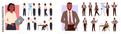 Cartoon office worker character showing business presentation on lecture, man employee with beard holding phone and laptop, walking isolated on white, Businesswoman poses set, girl manager