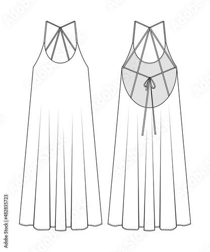 Fashion technical drawing of flared dress with spaghetti straps and deep neckline