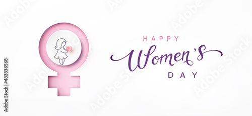 Women's Day greeting card or banner with pink 3D papercut female symbol and drawing girl. Vector 8 March international holiday poster template