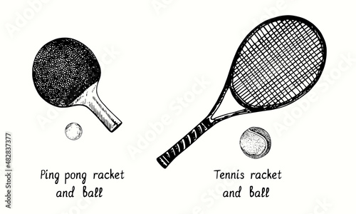 Ping pong racket and ball and tennis racket and ball. Ink black and white doodle drawing in woodcut style.