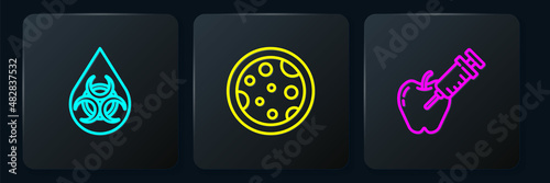 Set line GMO, Genetically modified apple and Petri dish with bacteria. Black square button. Vector