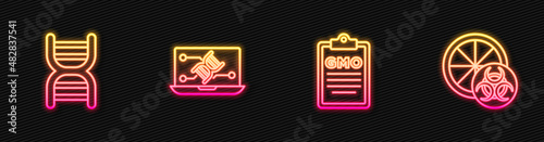 Set line GMO, DNA symbol, Genetic engineering modification and Genetically modified orange. Glowing neon icon. Vector