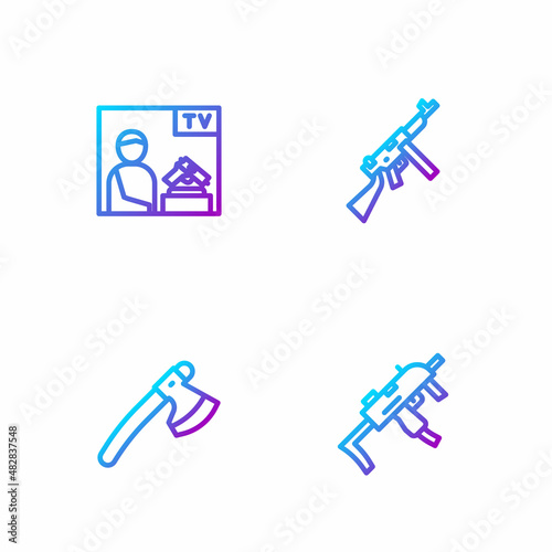 Set line MP9I submachine gun, Wooden axe, Advertising weapon and Tommy. Gradient color icons. Vector photo