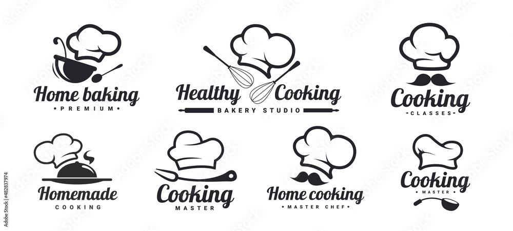 Cooking logo set with Chef hats, mustache and kitchen tools. Home baking, healthy cooking, homemade . Kitchen phrases. Vector Illustration Cooking logo set with Chef hats, mustache and kitchen tools. Home baking, healthy cooking, homemade . Kitchen phrases. Vector Illustration