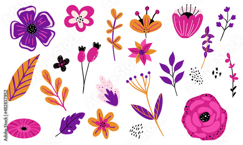 Abstract shapes and flowers in doodle style.