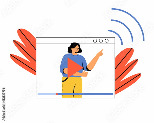 Watch videos of bloggers. Female video blogger. Watching a training video. Vector illustration