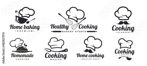 Foto Cooking logo set with Chef hats, mustache and kitchen tools