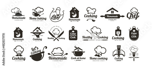 Healthy cooking logos set. Food logo. Kitchen phrases. Home cook, chef, mustache, kitchen utensils icon or logo. Lettering vector illustration