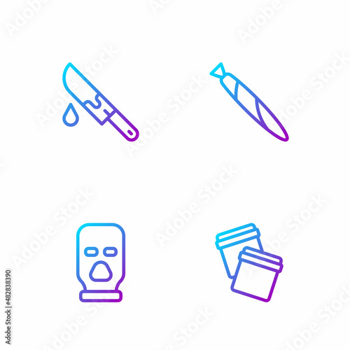 Set line Plastic bag with ziplock, Balaclava, Bloody knife and Marijuana joint. Gradient color icons. Vector
