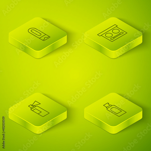 Set Isometric line Eye shadow palette, Perfume, Spray can for hairspray and Bottle of shampoo icon. Vector