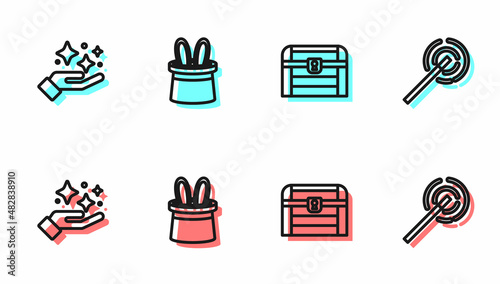 Set line Antique treasure chest, Sparkle stars with magic trick, Magician hat and rabbit ears and wand icon. Vector
