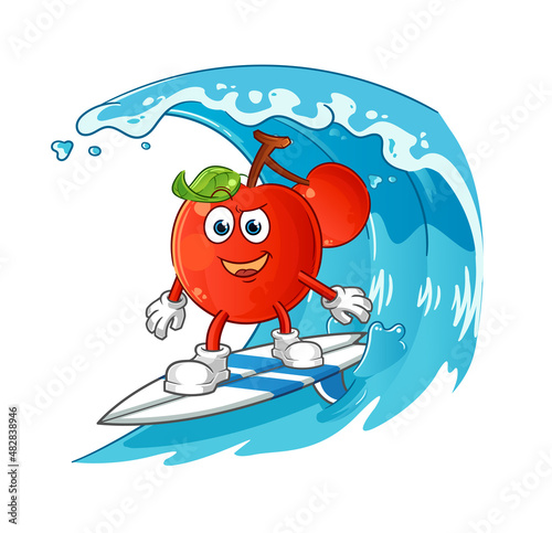 cherries surfing character. cartoon mascot vector